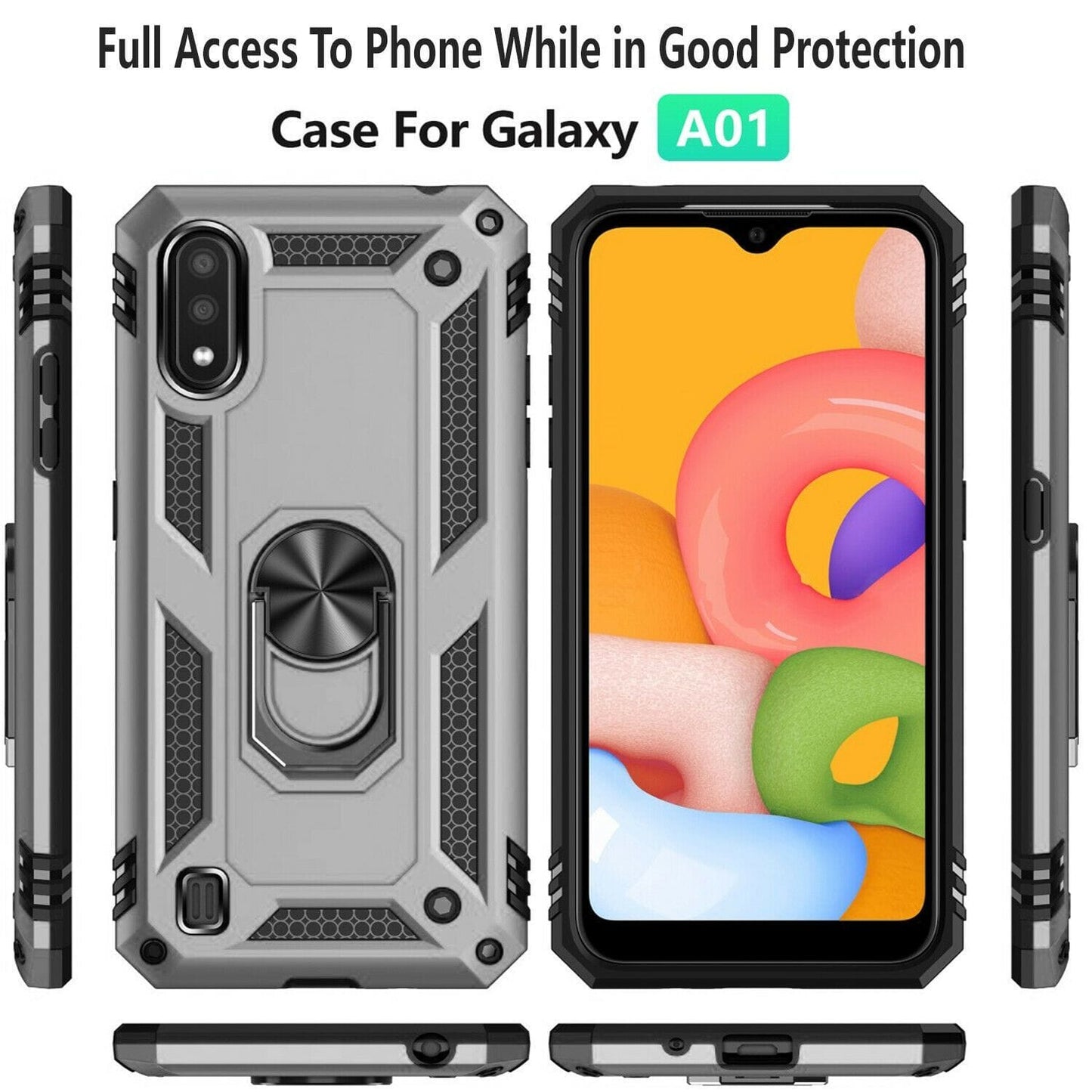 Samsung Galaxy A01 Military Armor Dual Heavy-Duty Shockproof Ring Holder Case (Silver) - The Accessories  Place 
