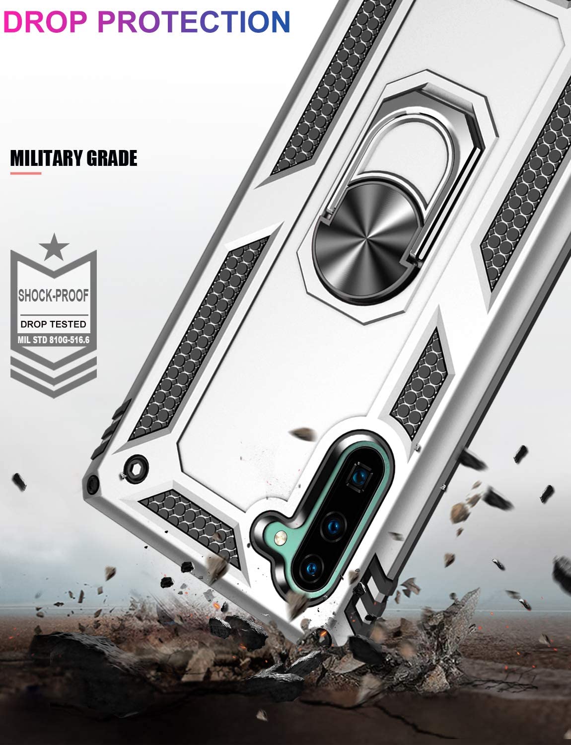 Samsung Galaxy Note 10 Plus Military Armor Dual Heavy-Duty Shockproof Ring Holder Case (Silver) - The Accessories  Place 