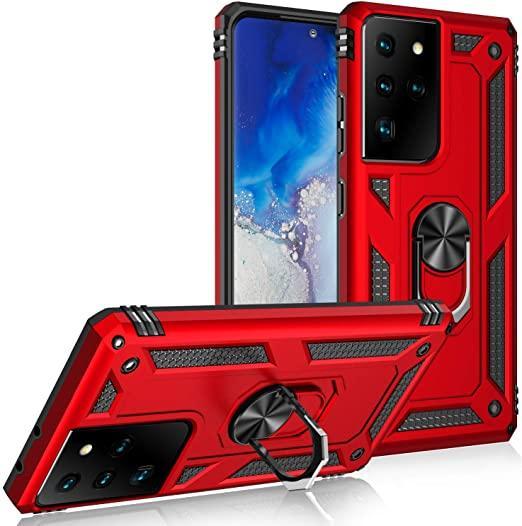 Samsung Galaxy Note 20 Military Armor Dual Heavy-Duty Shockproof Ring Holder Case (Red)