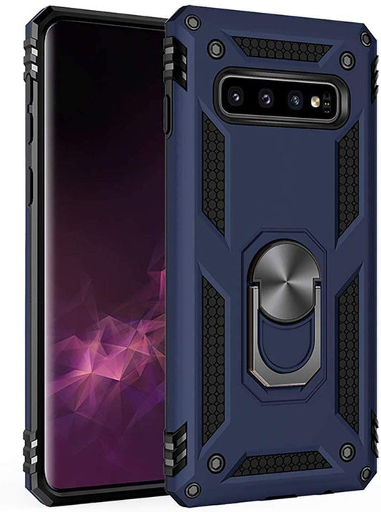 Samsung Galaxy S10 Plus Military Armor Dual Heavy-Duty Shockproof Ring Holder Case (Navy Blue)