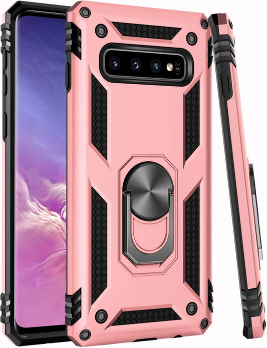 Samsung Galaxy S10 Plus Military Armor Dual Heavy-Duty Shockproof Ring Holder Case (Rose Gold)