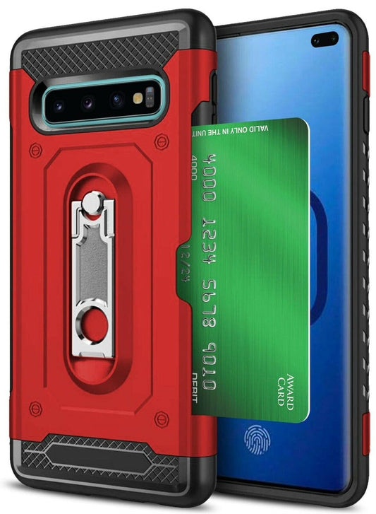 Samsung Galaxy S10 Military Armor Dual Heavy-Duty Shockproof Ring Holder Wallet Insert Case (Red)