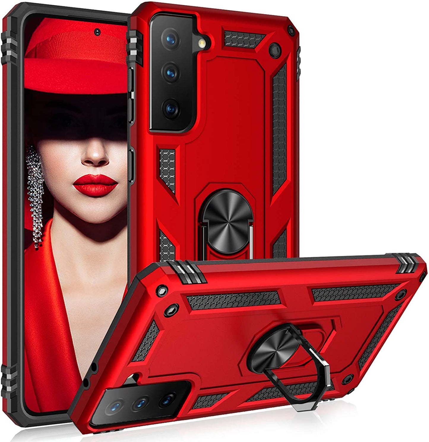 Samsung Galaxy S21+/S30+ Military Armor Dual Heavy-Duty Shockproof Ring Holder Case (Red)